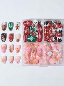 96pcs (4mixed ) Short Oval Cute Candy Cane Gingerbread Man French Tips Press On Nails ,Contain 1pc Jelly Glue And 1pc Nail File,Christmas Nails,With Storage Box As For Suitable For Women And Girls Daily Life And Party Use