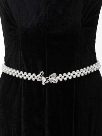 1pc Elegant Bridal Crystal Rhinestone Waist Belt, Silver Shiny Crystal & Elastic Pearl Decor Sash, Wedding Dress Accessory, Women's Fashion Waist Chain For Wedding, Birthday, Party, Event, Festival To Highlight Charm