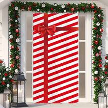 Christmas Door Cover Decoration Creative Diagonal Stripes Letter Large Bow Pattern Holiday Front Door Wrap For Home Party Decor - Red - View 5