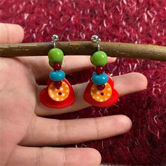 Colorful Dopamine Heart Button Earrings, Sweet & Playful Contrast Color Niche Design, Atmospheric Earrings