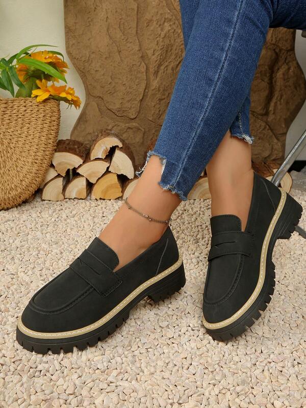 Preppy Style Black Loafers, Fashion Casual Shoes, Comfortable Round Toe Fuchsia Women's Shoes, Thick Sole Slip-On British Style Gray Dress Flats