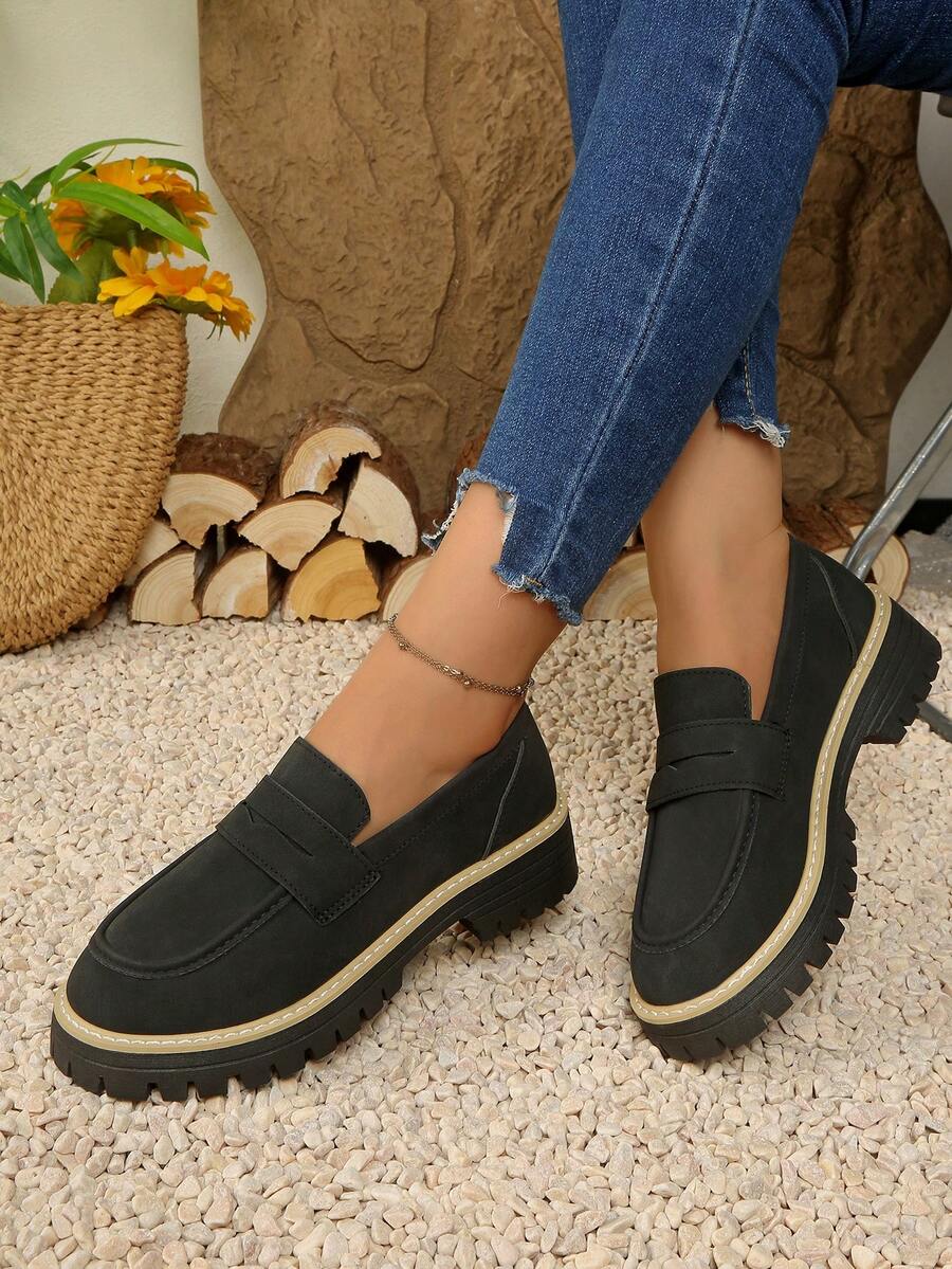 Preppy Style Black Loafers, Fashion Casual Shoes, Comfortable Round Toe Fuchsia Women's Shoes, Thick Sole Slip-On British Style Gray Dress Flats
