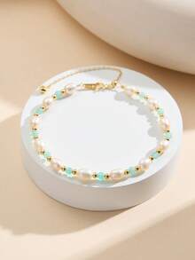 AETOLIA S925 Sterling Silver Natural Freshwater Pearl Bracelet, Handmade Original Design With Turquoise/Lapis Lazuli/Malachite/Amazonite/Garnet, Vintage Fairy Style, Adjustable Sliding Chain, Suitable For Women's Daily, Commute, Wedding Wear - Gold - View 9