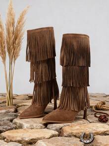 Women's Vintage Western Fringe Boots Pointed Toe Stiletto High Heel Mid Calf Boots Retro Fashionable Tassel Countryside Riding Dress Shoes Woman - 駝色 - 查看 9