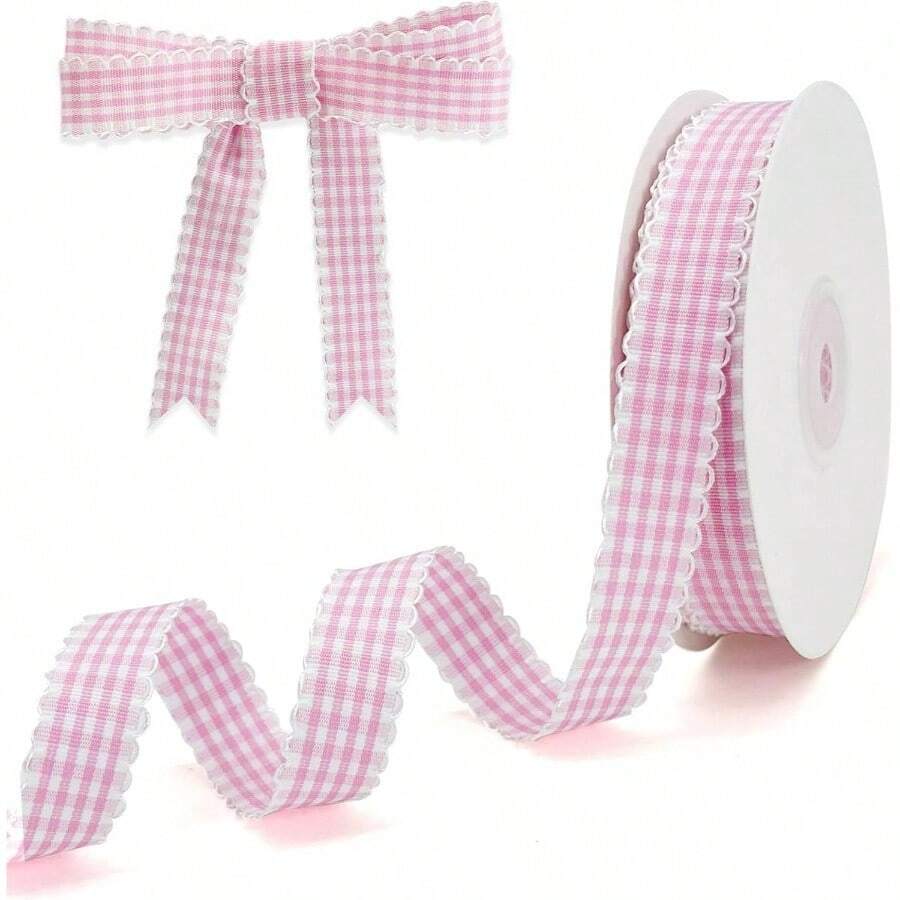 Gingham Plaid Ribbon - 58x20 Yards Polyester Checked Ribbon Wrapping, Flower Bouquets, Wreaths - Home Party Decor Ribbon Pink - Hồng + 5/8" - Xem 1