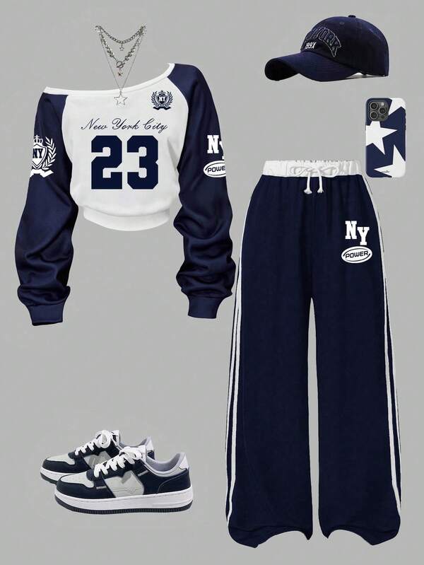 Tween Girl Numeric Print Contrast Color Shoulder Sweatshirt And Sweatpants Set