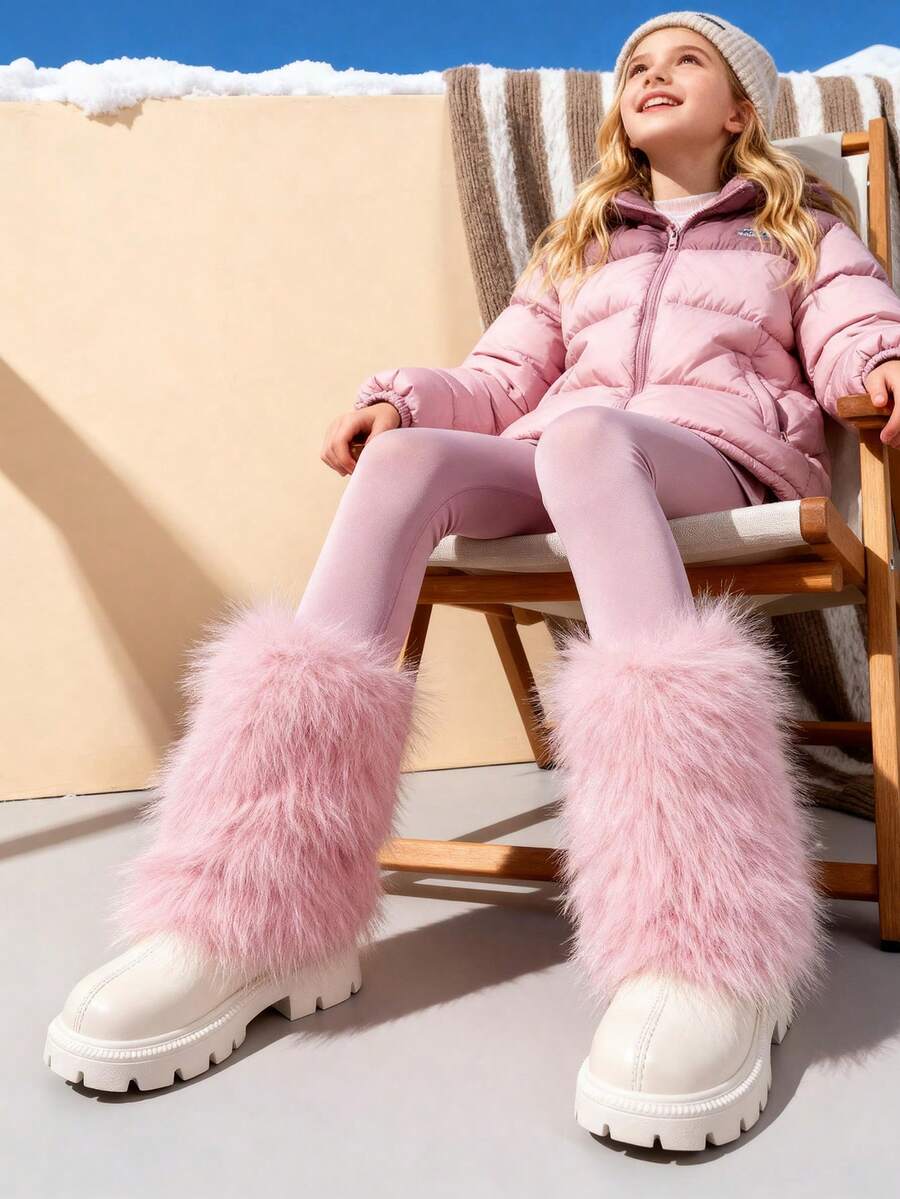 1 双柔软舒适的 PU 皮革及膝靴，适合幼儿女孩/小女孩，毛茸茸的，拉链，圆头，保暖衬里，毛茸茸的饰边，时尚公主雪地靴，适合 3-15 岁女孩，日常穿着，度假，秋冬 - 粉色 - 查看 1