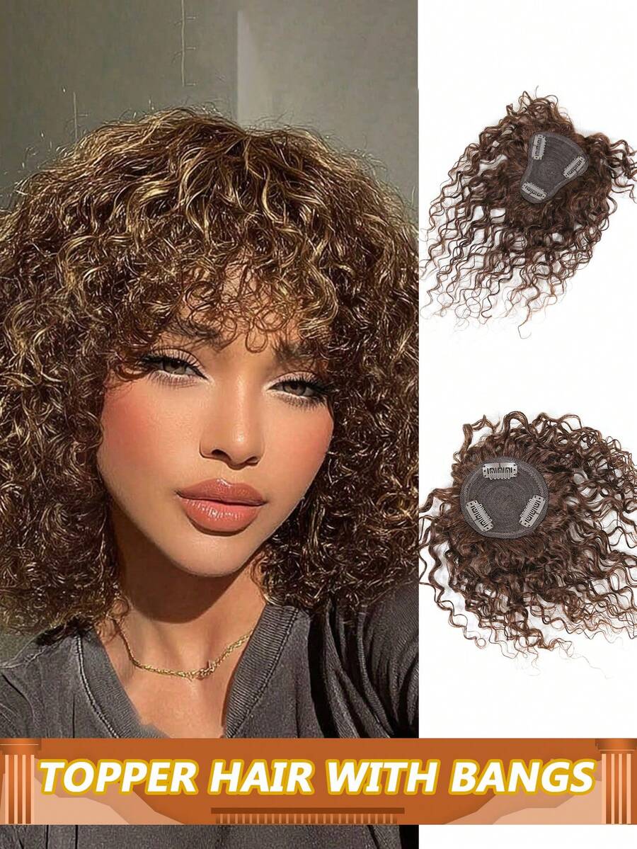 Water Wave Topper Hair With Bangs Human Hair Toppers Real Remy Human Hair Curly Wavy Brown Color #4 Hand Made Toupee Topper Clip In Hair Extensions For Women Daily Use Easy To Wear - S4 - 查看 1