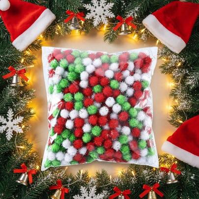 500pcs 1.5cm/ 0.6 Inch Sparkly Christmas Pompoms Dazzling Fluffy Pom Poms Balls Small Glitter Felt Pompoms For Craft DIY Home Decorations Hobby Supplies(White, Light Green, Red)