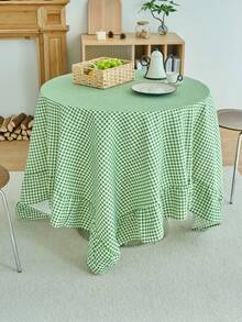 1pc Green Plaid Round Table Decor Cloth, Vintage American Style With Ruffle Edge, Kitchen/Living Room Decor, Valentine's Day Dining Table Cloth - Green - View 2