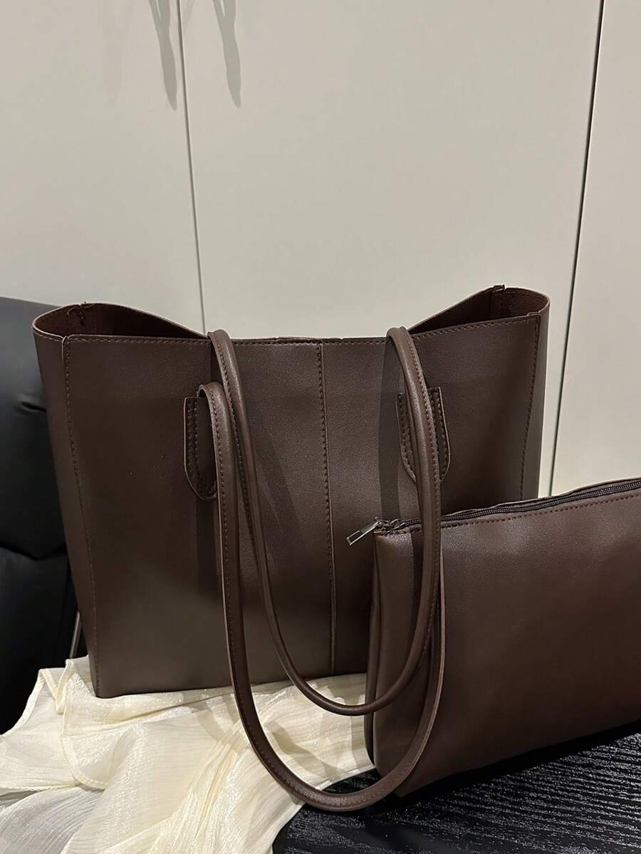 2pcs Women Black Quilted Lining Shoulder Tote Bag, Fashion Large Capacity Combination Handbag With Snap Closure, Casual Street Style For Daily Commute