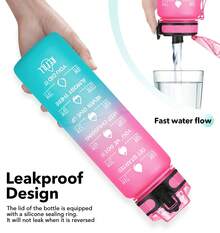Motivational Water Bottle With Time Marker And Fruit Strainer, Leak-Proof, With Carrying Strap, Perfect For Fitness, Gym And Sports - Hồng Xanh - Xem 4