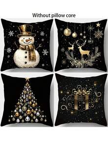 4 fundas de cojín decorativas de poliéster con cremallera, diseños tradicionales navideños de muñeco de nieve, renos y árboles, lavables a máquina, para sala de estar y sofá