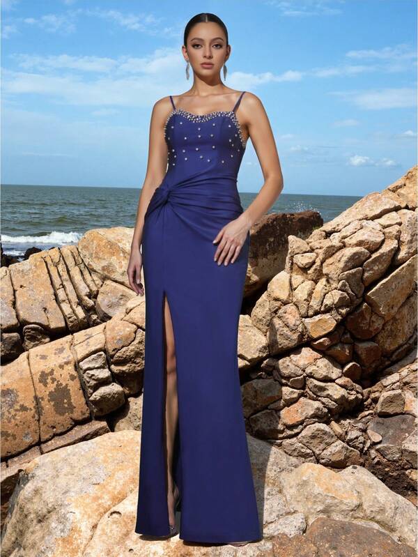 Deep Blue Maxi Dress - Spaghetti Straps, Sweetheart Neckline Adorned With Pearl & Rhinestone Embellishment, Side Knot Detail, High Thigh Slit, Bodycon Silhouette | Elegant Formal Gown For Evening Galas, Beach Weddings, Red - Carpet Events & Sophisticated Coastal Celebrations