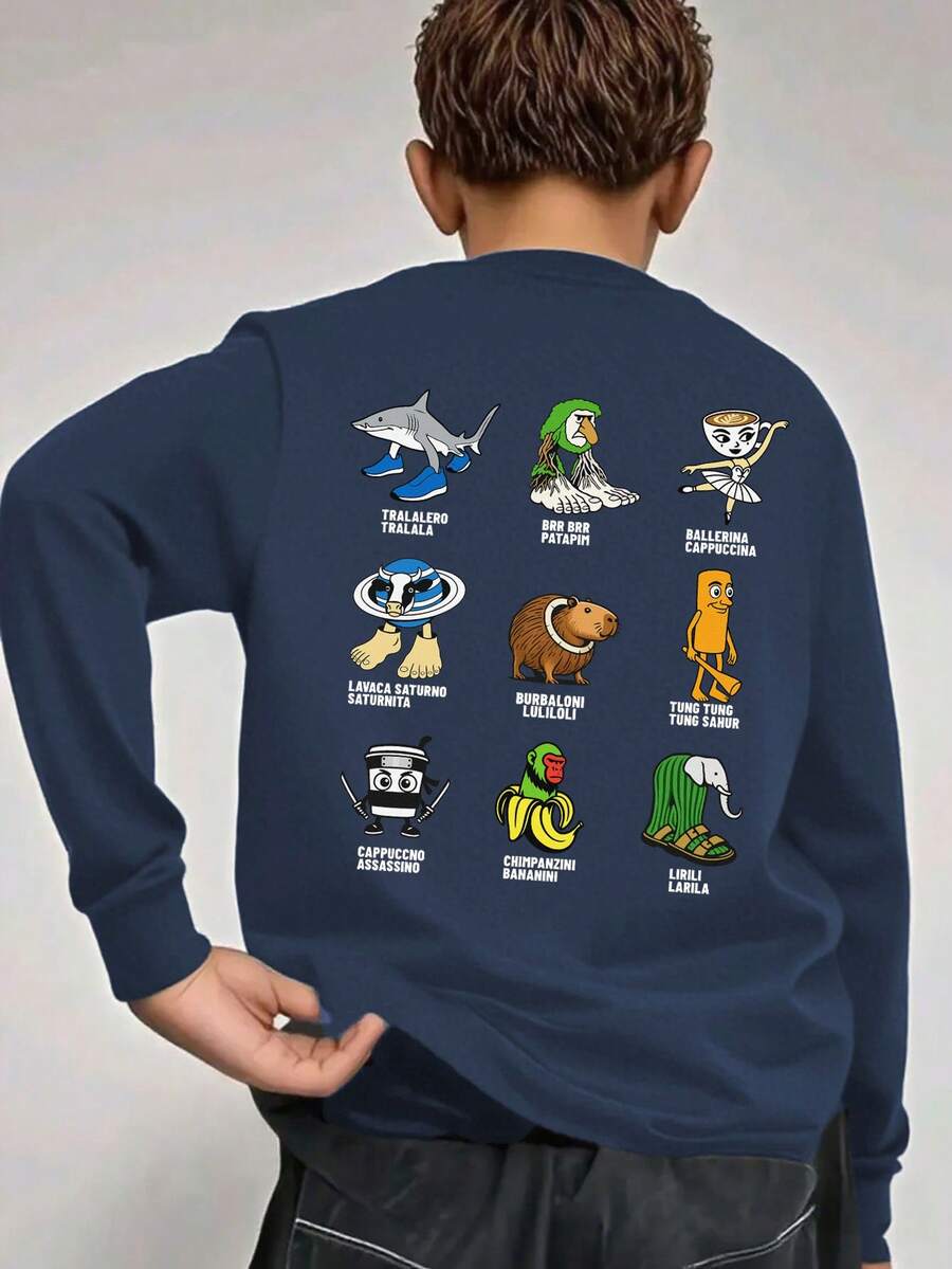 Tween Boy 意大利 Brainrot 图案长袖 T 恤，秋冬上衣