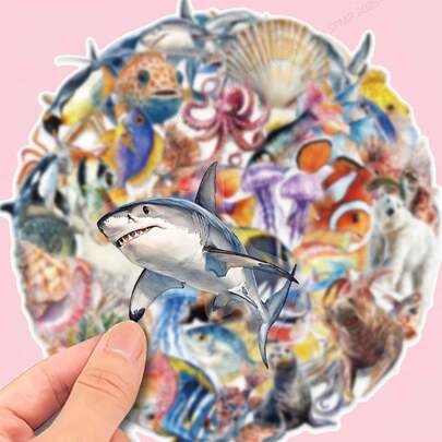 50 张海洋生物乙烯基贴纸 - 色彩鲜艳的海洋生物贴纸，适用于手机、笔记本电脑、手提箱、笔记本、水瓶和头盔，可重复使用，是青少年的圣诞礼物