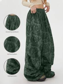 YI XUAN Women's Plus-Size Green Corduroy Wide-Leg Fall Trousers, Drawstring Waist With Pockets, Non-Stretch Loose Fit. - Army Green - View 5