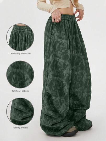 Women's Leisure Street Pleated Loose Fit Corduroy Pants With Graphic Print,Curved Cut Pants For Fall And Spring,Back To School Clothing,Plus Size Pants ﻿