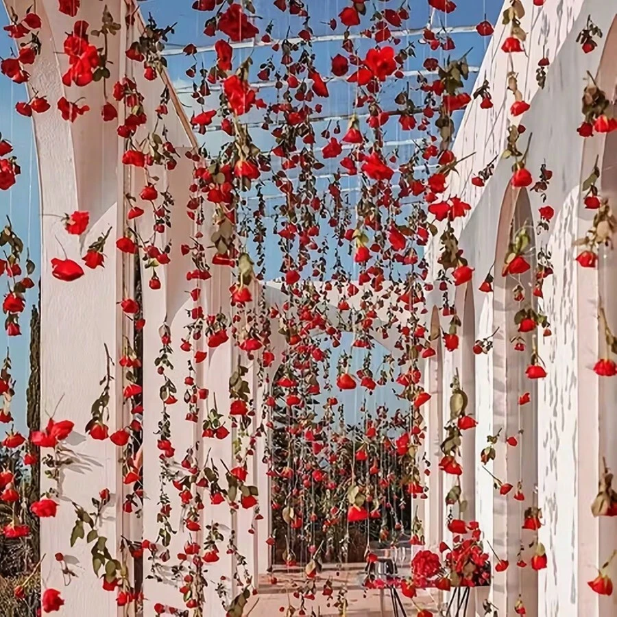 6 peças (5 Rosas Vermelhas + 1 Rolo de Linha Transparente) / 11 peças (10 Rosas Vermelhas + 1 Rolo de Linha Transparente), Decoração Floral Romântica de Rosas Vermelhas Penduradas, Acompanha 15M de Linha Transparente, Adequado para Arco de Casamento e Decoração de Teto, Chá de Panela, Decoração de Mesa para Festa do Dia dos Namorados, Tema de Princesa, Centros de Mesa de Casamento, Decoração de Bottom de Festa