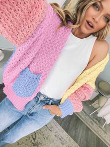 Women's Dopamine Rainbow V-Neck Knit Cardigan Sweater, Loose Casual Pullover - Multicolor - View 5