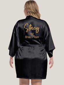 1pc Plus Size Customized Bridesmaid Robe With "Bride's Team" And Glitter Foil Print - Black - View 3