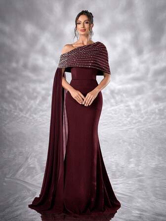 YISIKADO Women Elegant Ball Gown Rhinestone One Shoulder Shawl Sleeveless Formal Evening Dress Mermaid Fishtail Hem Prom Party Dress Elegant Wedding Guest Prom Party Banquet Dinner Graduation Adult Ceremony Celebration Concert Red Carpet Ceremonial Dress