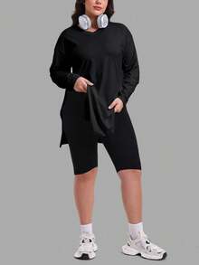 SUPEKYKO Plus Size V-Neck T-Shirt - Women Loose Fit Activewear Top, Casual Long Sleeve Shirt - Black - View 7