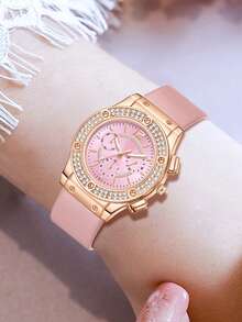 7pcs, Ladies' Watch, Modern Minimalist Luxury Diamond Studded Quartz Watch, Pu Strap, Paired With Pink Floral Bracelet Set, Including Bracelet, Ring, Necklace, Earrings, Watch Bracelet Set, Suitable For Daily Wear, A Birthday Gift For Friends