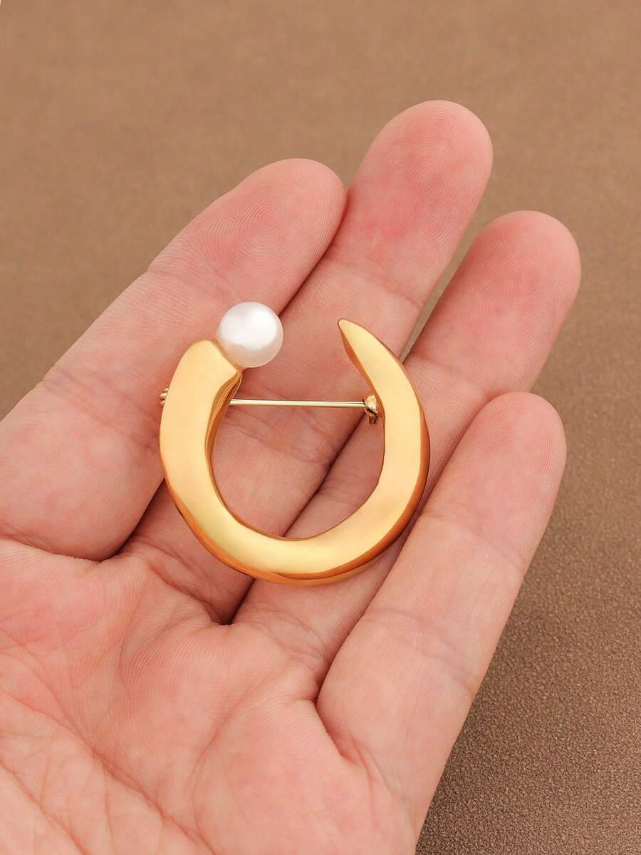 1 broșă minimalistă în formă de U din oțel inoxidabil, culoare aurie, la modă, cu perle artificiale, accesoriu de rever casual versatil, potrivit pentru purtarea zilnică a femeilor