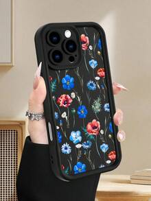 1PC ブラック地にブルーとレッドの水彩風花が描かれたスマホケース ナチュラルで洗練されたボタニカルデザイン 鏡頭完全保護、衝撃吸収・傷防止機能付き 対応機種：iPhone17/16/15/14/13/12/11PLUS/PRO/PROMAX - ブラック - チェックする 5