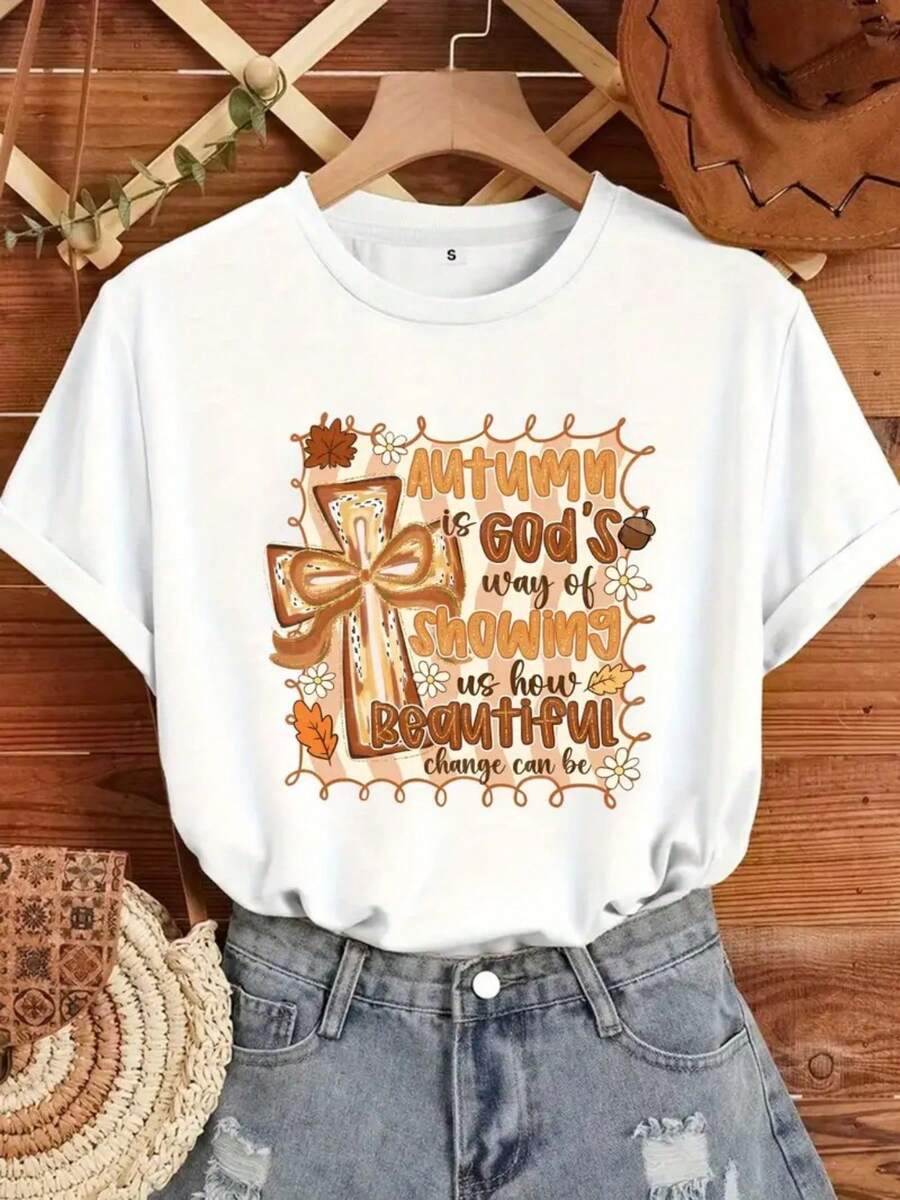Autumn theme, Maple Leaf Bible scripture inspirational pattern T-shirt, pure cotton T-shirt round neck single piece casual top, soft and comfortable top, participate in religious Halloween, Thanksgiving, Christmas parties - Blanco - Ver 1