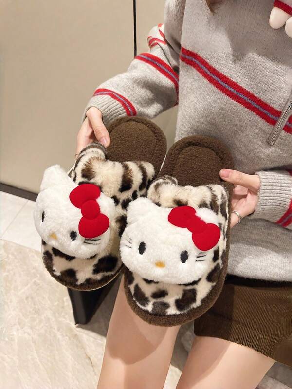 1 Pair, Women's Leopard Print Kitten Slippers, Cowhide Covered Upper, Plush Velvet, Pink Bow-Style Label, Non-Slip Rubber Sole, Suitable For All Seasons Indoor And Outdoor Use, Cute Paw Boots, Leopard Print, Suitable For Comfortable Home Wear