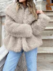 Women's Warm Faux Fur Oversized Coat Thick Shaggy Lapel Jackets Cozy Fuzzy Winter Outerwear 2025 - Khaki - View 5