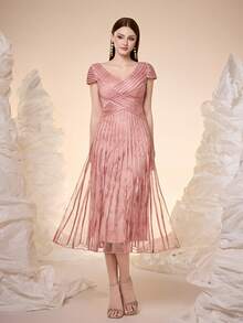 Mgiacy，新品上市，吊带，印花网眼，拉条，高端晚礼服，适合晚宴 - 粉色 - 查看 4