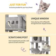 HEXCELEN Cat Tree For Indoor Cats, 170 Cm Large Tall Cat Tower, Multi-Level Cats House With Condo, 8 Scratching Posts, Hammock, 4 Pom Poms, Light Grey - 淺灰色 - 查看 6