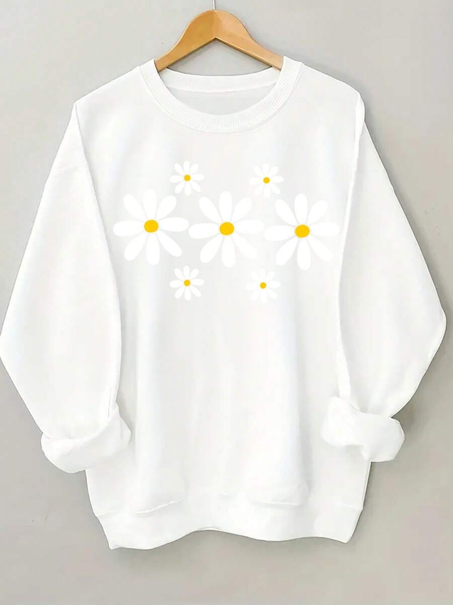 Sweatshirt Letter Print Plus Size Ladies Round Neck Sweatshirt, Long Sleeve Comfortable Cotton Sweatshirt - White - View 1