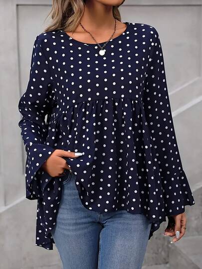 1pc Plus Size Elegant Women's Polka Dot Ruffle Sleeve High-Low Hem Cover Up