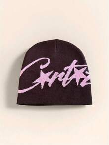 1 pieza Gorro de punto con letra de nicho, accesorio de cabeza cálido unisex adecuado para uso casual, calle, parejas, estudiantes en otoño/invierno