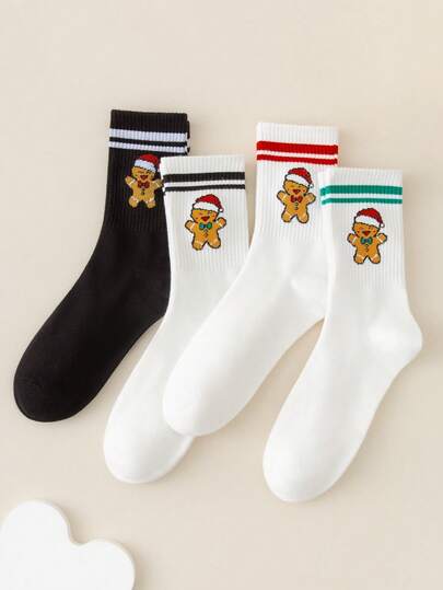 4 Paar bunte gestreifte Socken bis zur Mitte des Knöchels, geruchshemmend, feuchtigkeitsableitend, weich & bequem, mit Weihnachtsmann-Mütze & Lebkuchenmann-Mustern, geeignet als Weihnachtsgeschenk, für Zuhause, Schlaf, Outdoor-Sport, Feierlichkeiten und täglichen Gebrauch im Herbst/Winter