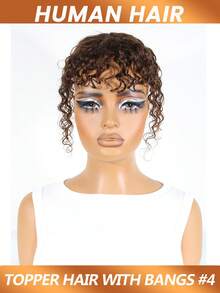 شعر طبيعي موجي مع غرة، شعر بشري أصلي ريمي مجعد موجي باللون البني الرقم 4، تاج شعر مصنوع يدويًا، إكسسوارات شعر مقصوصة للنساء للاستخدام اليومي سهلة الارتداء