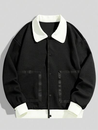 Black & White Contrast Color Jacket, New Casual Fashion Men's Outerwear For Autumn/Winter