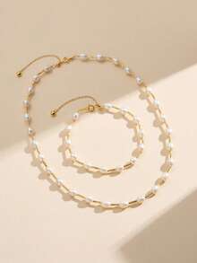 AETOLIA 可调节珍珠项链和手链套装 | 5-6 毫米天然淡水珍珠 | S925 纯银原创设计 | 简约优雅 | 铂金/14K 黄金颜色可选 | 女士婚礼和场合配饰