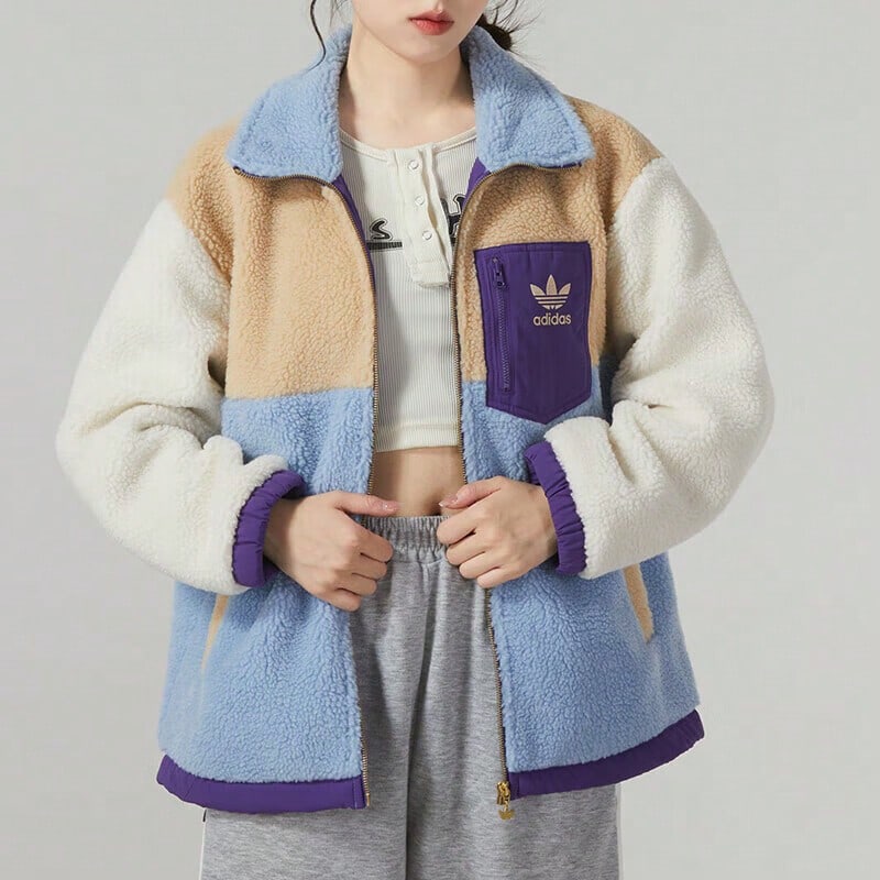 Adidas Women's Fleece Jacket Coat, Thickened Warm Short Top, Casual Fashion Korean Style Loose, Windproof Outdoor Sports Jacket - Blue - View 1