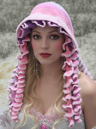 Fairy Tale - Inspired Crochet Knit Hat With Gradient Pink & Purple Ruffled Tassels, Soft Warm Winter Beanie For Women, Cute Fantasy Style Headwear