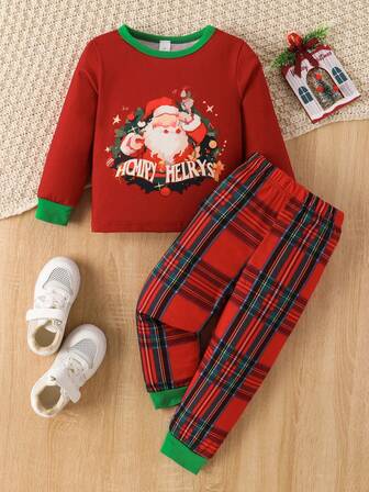 2pcs Kids Christmas Santa Claus Striped Print Outfit, Young Boy2 Pieces Set, Autumn