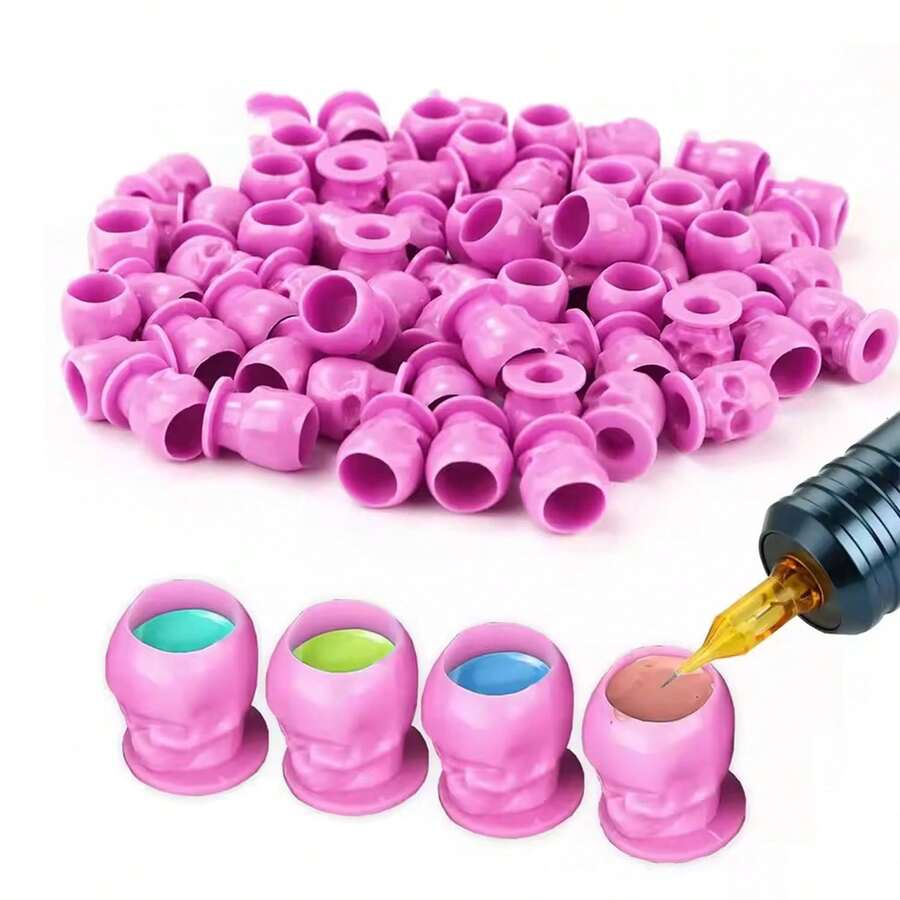 200 piezas/pieza Tazas de tinta para tatuajes con forma de calavera, tapas de contenedor de pigmento para maquillaje permanente desechables y creativas - Multicolor - Ver 1