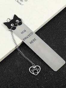 1 件不锈钢猫书签，带有可爱的卡通小猫图案和“您在此处暂停”字样 - 耐用的金属书籍配件，适合读者、爱书人礼物、白色、阅读伴侣、俏皮风格、坚固结构、阅读工具、礼品购物者