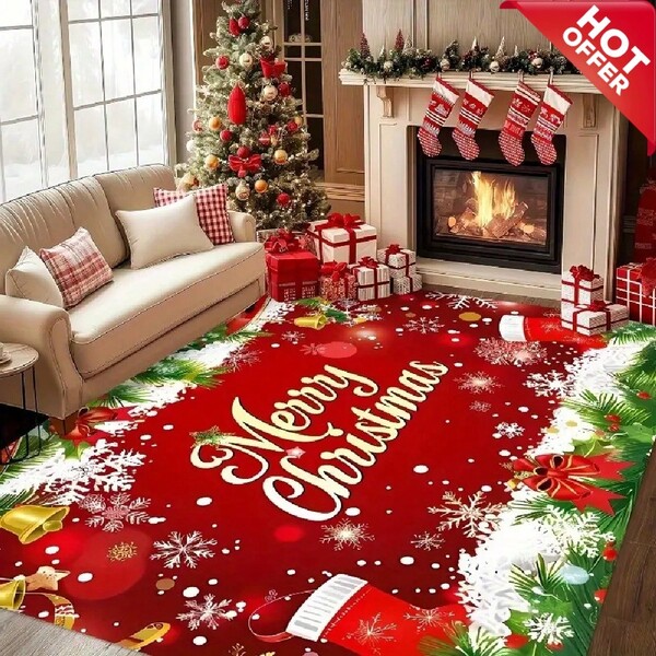 Un tappeto di grandi dimensioni con elementi natalizi rossi e verdi, progettato con motivi natalizi personalizzati in stile moderno minimalista e retrò, perfettamente complementare a varie decorazioni per la casa. Realizzato in materiali ad alta densità con particelle antiscivolo sul fondo per migliorare la frizione. Tappeto da cucina