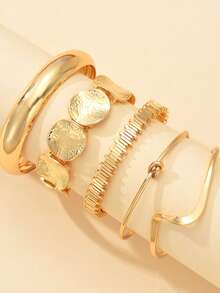 Set de 5 piezas/1 set de pulseras tipo brazalete abiertas con diseños geométricos, florales y retorcidos en estilo bohemio elegante y vintage, adecuadas para uso diario, fiestas y vacaciones, una opción de regalo perfecta para mujeres - Dorado - Ver 5