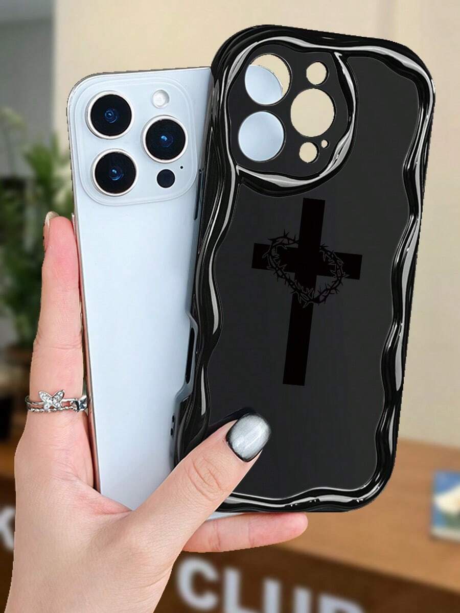 Cross & Thorn Crown Print Shockproof Phone Case For IPhone 17 16 15 14 13 12 11 - Gothic Religious Aesthetic Protective Cover For Women Men Daily Use - màu đen - Xem 1